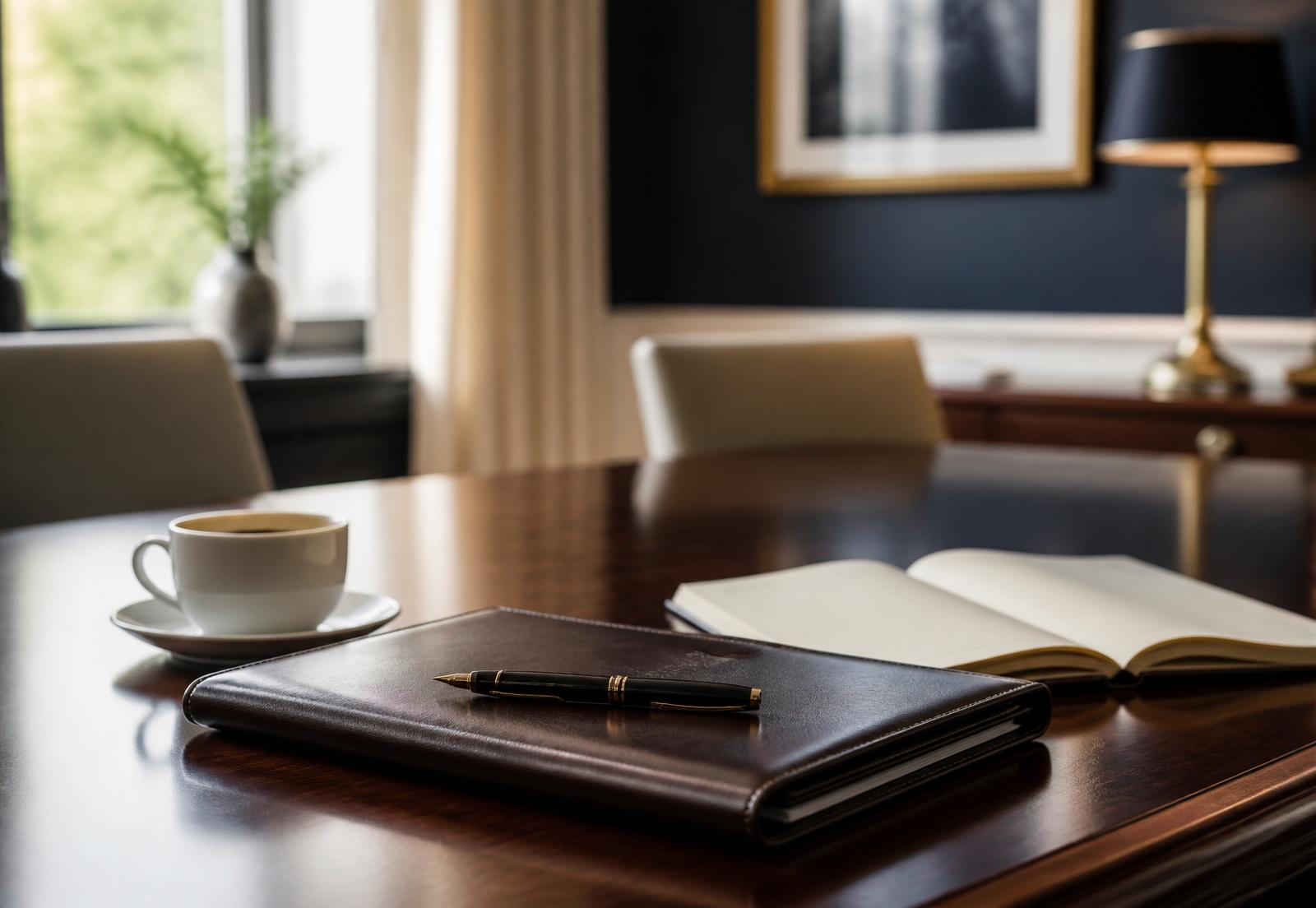 A leather folio and notebook on a polished advisory desk
